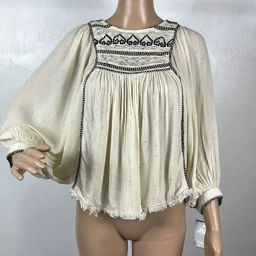 Free People Boho Cyprus Avenue Ivory Embroidered Top Blouse Size XS